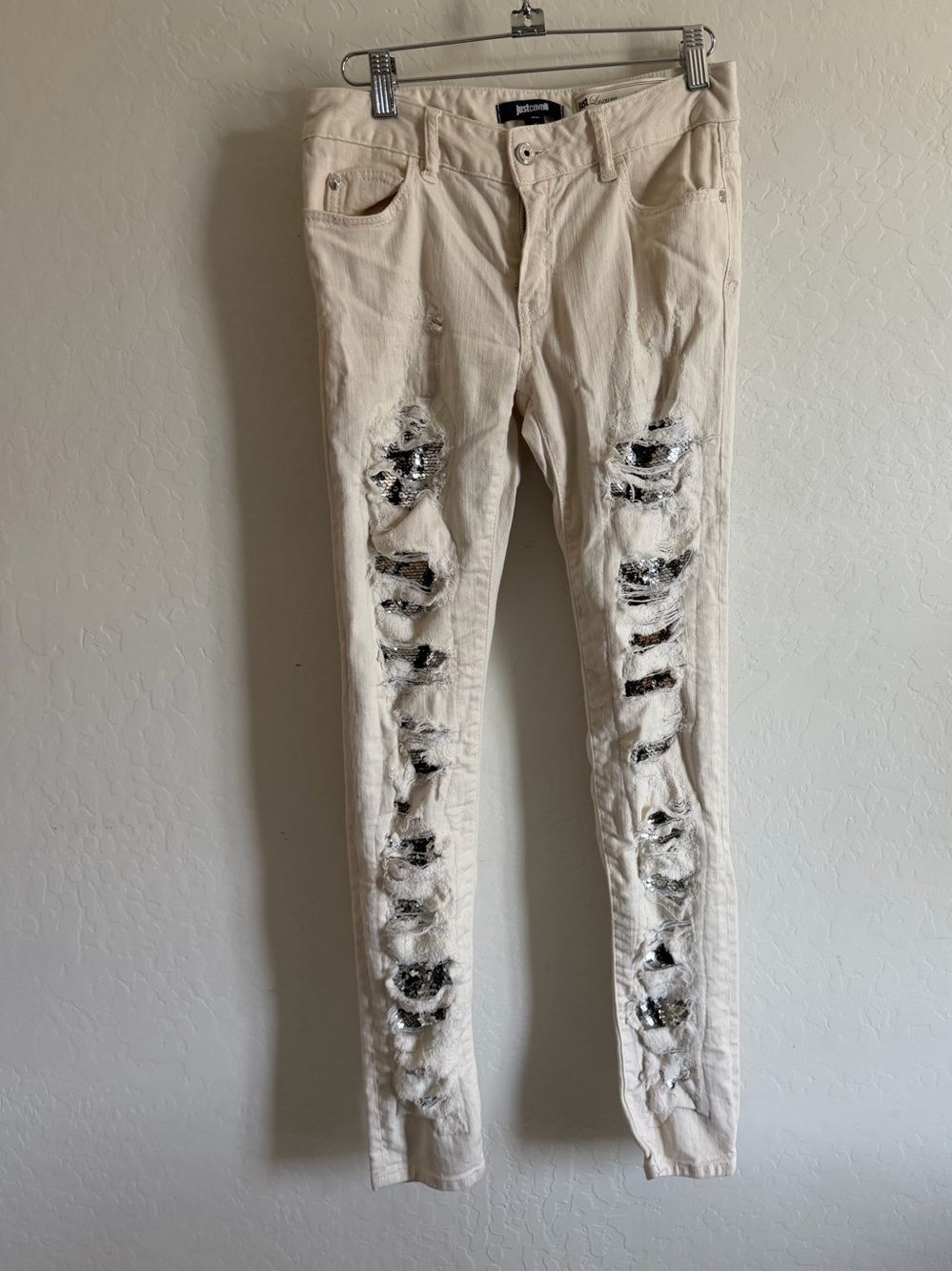 Just Cavalli Cream Distressed Sequin Underlay Skinny Jeans Size 26